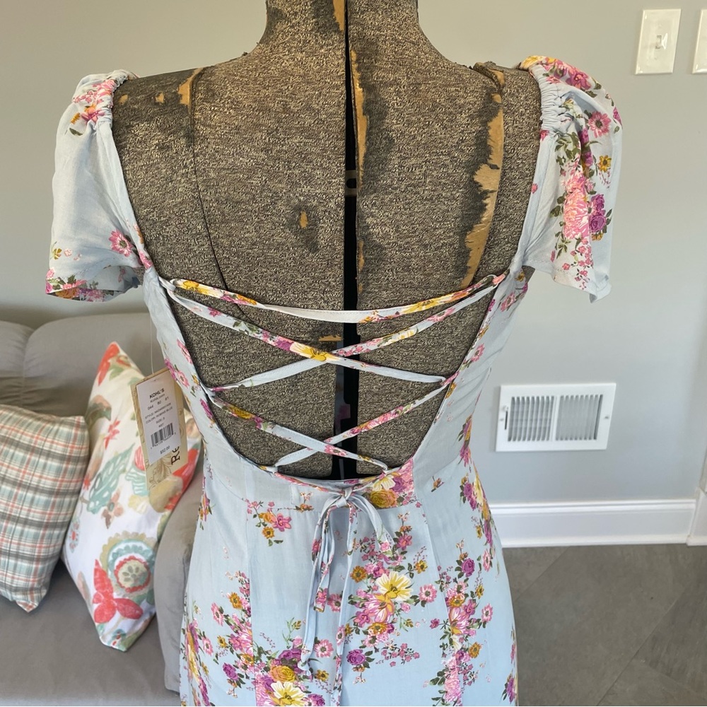 XS. S blue, pink and yellow floral print bohemian backless highlow dress - Picture 9 of 10